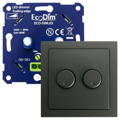 Afbeelding van Busch Jaeger Future Linear duo led dimmer, ECO DIM.05, druk/draai, kleine inbouwdiepte, 2x 100W LED, inclusief zwart afdekmateriaal passend in serie