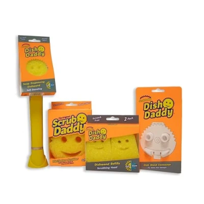 Afbeelding van Scrub Daddy Afwasborstel met Zeep Houder, Navulkoppen, Spons en Connectorkop, Textuurveranderende Afwasspons Vloeibare Handgreep, Ingebouwde Schraper Geel