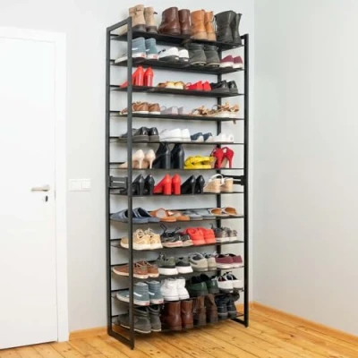 Afbeelding van Tatkraft Eiffel schoenenrek, 12 planken, schoenenrek smal, metalen set van 2 stapelbare 6 traps schoenenrekken, voor 60 paar, zwart
