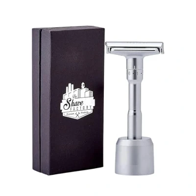 Afbeelding van The Shave Factory Instelbaar Premium Veiligheidsscheerapparaat Mat Grijs Stijlvolle Ontwerp dat Zowel Esthetiek als Functionaliteit Combineert voor de Ideale Scheerbeurt Excluisief Scheermesjes