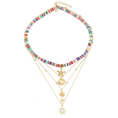 Afbeelding van 5 delige damesketting set met zomerse bedels kleurrijke kralen en goudkleurige hangers van zeester, schelp, palmboom zon