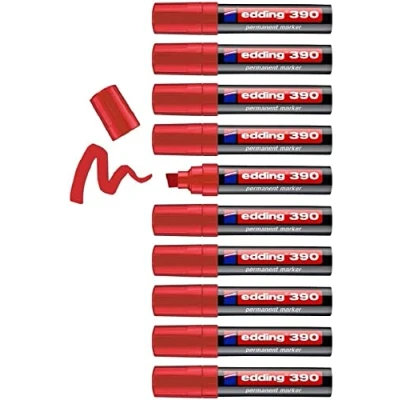 Afbeelding van edding 390 permanent marker zwart 10 stiften dikke beitelpunt 4 12 mm watervast, sneldrogend multi marker, universele stift voor karton, kunststof, hout, metaal, glas, steen, linnen