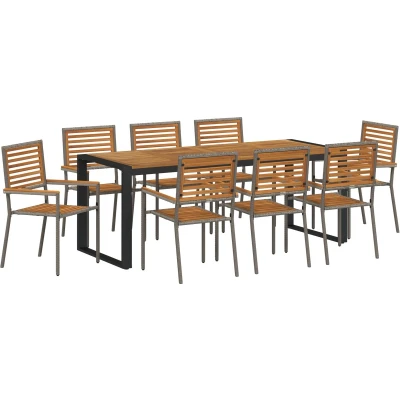 Afbeelding van vidaXL 9 delige Tuin Eettafelset Grijs Poly Rattan Acacia, Stapelbare Tuinstoelen met Kussens 2 stuks