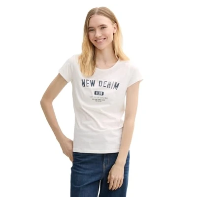 Afbeelding van TOM Tailor Denim SLIM Sporty Printed TEE Tshirt print, Dames, Maat: XL, Off white
