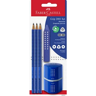 Afbeelding van Faber Castell 580023 Grip 2001 potlodenset, 5 delig met 3 potloden, gum en puntenslijper, blauw