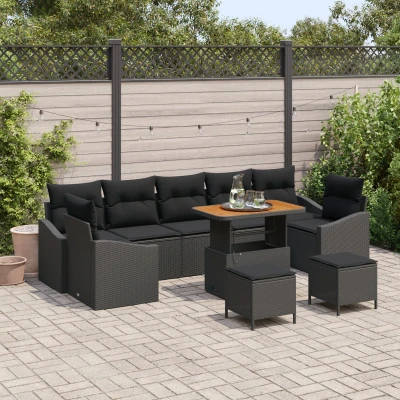 Afbeelding van vidaXL 10 delige Tuin Sofa Set met Kussens Zwart Poly Rattan Acacia