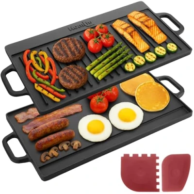 Afbeelding van Homiu Gietijzeren Grillplaat voor gaskookplaat BBQ inductie bakplaat pan non stick dubbelzijdig voorgekruid Dip Tray kachels Koken, platte en geribbelde oppervlakken 50 x 23 cm