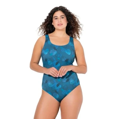 Afbeelding van Ulla Popken LEAF Print Badpak, Dames, Maat: 50/52, Fir green