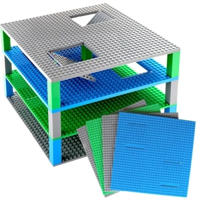 Afbeelding van Strictly Briks Trap &amp; Gap Klassieke bouwplaat 4 stuks 2 bouwplaten, bouwplaten met valluiken en hellingen, 15 Stackers 100% compatibel alle grote merken blauw, groen, grijs 25,5 x cm
