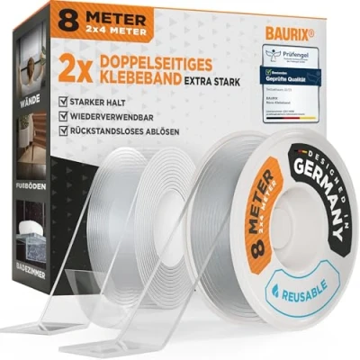 Afbeelding van BAURIX® nano Plakband Dubbelzijdig [8m] Extra sterke dubbelzijdige tape Wasbare silicone double sided transparant Veelzijdige magic