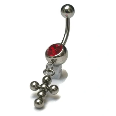 Afbeelding van Chirurgisch stalen navelpiercing met hanger kruisje bolletjes rood