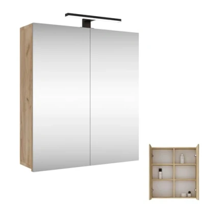 Afbeelding van Planetmöbel Mercurius Spiegelkast voor badkamer, met verlichting, 60 cm breed, hangende badkamerkast spiegel, matzwarte ledverlichting, goudkleurig eiken