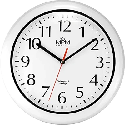 Afbeelding van MPM E01.2535.00.,Speciale waterdichte wandklok met mineraalglas, geschikt voor gebruik buitenshuis. Waterdicht 3 5 ATM, kwarts lichtloop, 1x AA pen batterij, 305 x 53 mm, kunststof.,Small/Normall,Wit