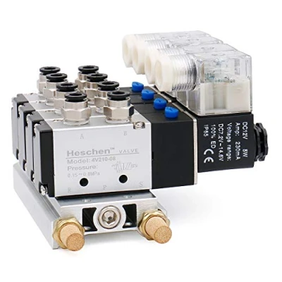 Afbeelding van Heschen Elektrische Pneumatische 4 Magneetventiel 4V210 08 DC 12V PT1/4 5 Manier 2 Positie Spruitstuk Base Demper Quick Fittings Set