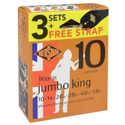 Afbeelding van Rotosound JK10 31 Jumbo King 010 3 pack met gitaarriem snarenset akoestisch