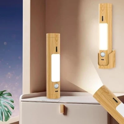 Afbeelding van Indoor Houten Wandlamp Batterij met Bewegingssensor LED Snoerloos Bed Lamp Draagbare Nachtlamp Oplaadbare Traplamp Licht voor Slaapkamer, Hal,Warm light