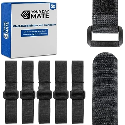 Afbeelding van Klittenbandkabelbinders met gesp, 5 stuks, 120 cm lengte, zwart, kabelklittenband van nylon, gespklittenband, hersluitbare kabelorganisatie, kabelbinders klittenbandsluiting, klemkabel band