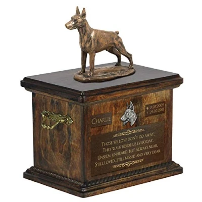 Afbeelding van Art Dog Custom Sitting Statue Memorial Urn Handgemaakt koud gegoten brons op berkenhouten voet 8,3x11,4x8,7 5l Doberman bijgesneden