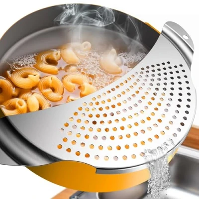 Afbeelding van 4happy Noedelzeef, afgiethulp en vergiet voor pasta, aardappelen, groenten, platte stabiele pastamzeef, roestvrij staal, potten pannen tot Ø 26 cm