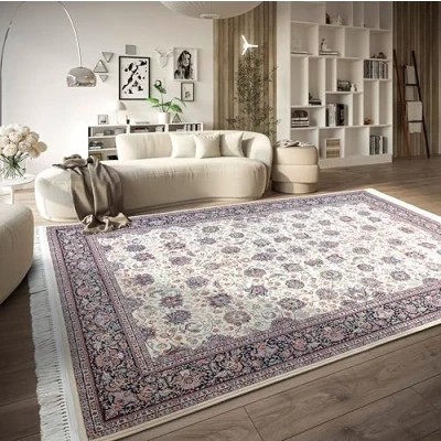Afbeelding van Villeroy &amp; Boch Laagpolig tapijt Alfred oosters woonkamertapijt dicht geweven met franjes klassiek voor woonkamer, slaapkamer, eetkamer, hal crèmeblauw, 128x190 cm