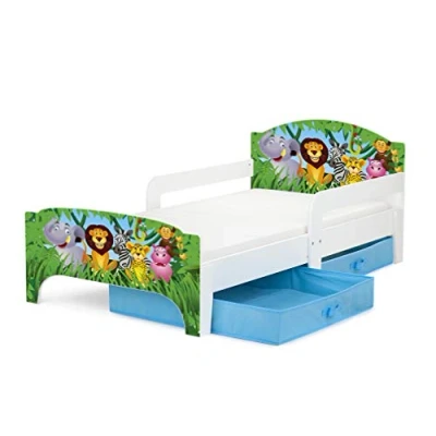 Afbeelding van Leomark Smart Eenpersoonsbed voor kinderen met laden, 140/70 cm (matras) eenvoudige montage, kleine ruimtes, wit (thema: Jungle animals)