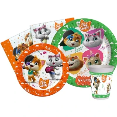Afbeelding van Ciao Feesttafelset 44 katten 24 personen (112 stuks: papieren borden Ø23cm, Ø20cm, plastic bekers 200ml, 40 servetten 33x33cm), Y4961