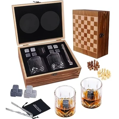 Afbeelding van ZBPASL Whisky Stenen en glazen cadeauset,Whisky cadeauset voor mannen,8 whiskystenen met 2 whiskyglazen, whiskyglas, ijstang houten geschenkdoos