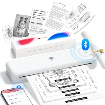 Afbeelding van Phomemo M834 draagbare thermische printer, inclusief reisprinter, ondersteunt A4 thermisch papier, Bluetooth compatibel met iOS en Android mobiele telefoons laptops wit