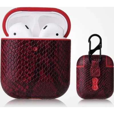 Afbeelding van AirPods 1/2 hoesje PU Leer Slangenleer Rood Bescherming voor uw
