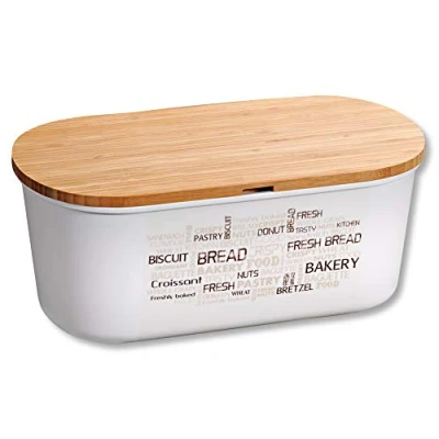 Afbeelding van Melamine Ovale 2 in 1 Broodtrommel Met Bamboe snijplank Brood Bewaar doos hoge kwaliteit snij plank Deksel, te gebruiken als Afm. 34 x 20 14.5 Cm. Kleur trommel: Naturel Wit