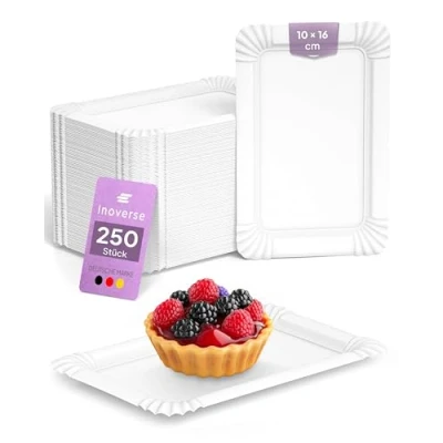 Afbeelding van Inoverse papieren borden, wit, wegwerpborden, milieuvriendelijk feestservies, wegwerpservies, taartborden, wegwerpborden van karton, rechthoekig, 10 x 16 cm, 250