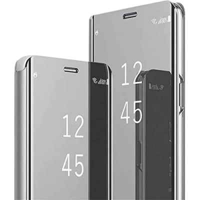 Afbeelding van BoerHang Hoesje compatibel met Samsung Galaxy S25 Ultra, Smart Clear View Cover, Standing Case, doorschijnend 360 beschermend. (zilver)