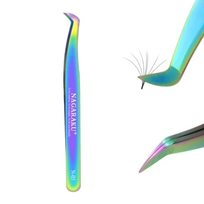 Afbeelding van NAGARAKU Wimperuitbreiding Pincet Professionele Precisie Kleur Gebogen Volume Cluster Wimpers Eenvoudige Fanning Geprefabriceerde Ventilator Roestvrij Staal (N 05)