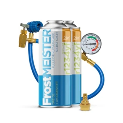 Afbeelding van FrostMEISTER 2 in 1 Navulset voor auto airconditioning (2x 400 ml bus + slang met manometer en adapter), R1234yf (vanaf bouwjaar 2017), snelle, eenvoudige milieuvriendelijke toepassing