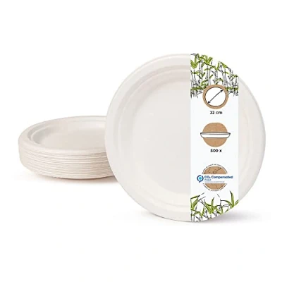 Afbeelding van BIOZOYG Milieuvriendelijk bagasse servies wegwerp I 500 stuks suikerriet borden wit rond gebleekt 22 cm Bio wegwerpservies dinerborden wegwerpborden partyborden