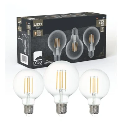 Afbeelding van EGLO set van 3 filament led lampen met E27 fitting, Edison vintage gloeilampen helder, 4 watt per stuk, globe lichtbron warm wit, 2700 K, 470 lumen, retro lampjes G80, Ø 8 cm