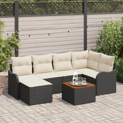 Afbeelding van vidaXL 7 delige tuinsofaset met kussens Zwart Poly Rattan Acacia