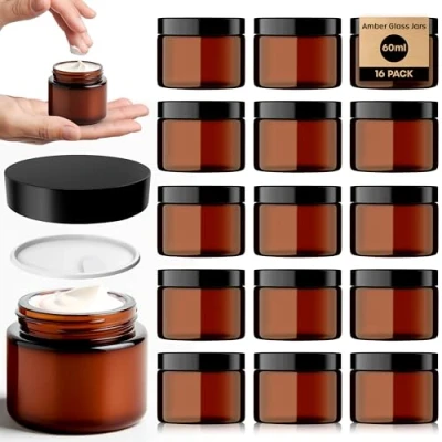 Afbeelding van volila 8 pack Amber Glazen Potten 60ml Reis Cosmetische Containers met UV Bescherming Kleine Witte Deksel Inzetstukken, Doorzichtige Spatels en Zwarte Schroefdoppen