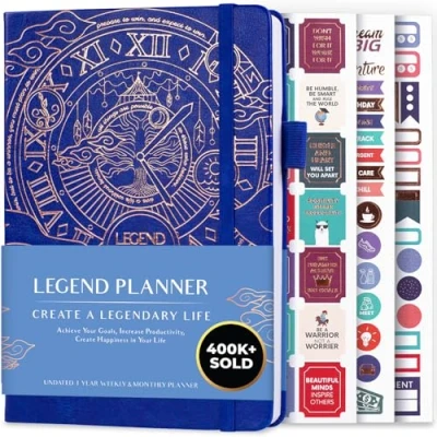 Afbeelding van Legend Planner Deluxe week &amp; maand lifeplanner om uw doelen te bereiken en gelukkiger leven. Organisator Notebook Productiviteitsdagboek. A5 Hardcover, niet gedateerd Starten op elk moment + Stickers (Koningsblauw Goud)