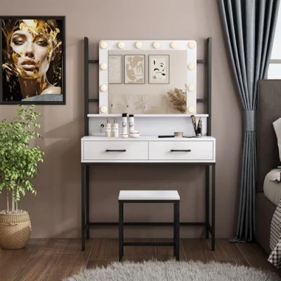 Afbeelding van Vicco Luvia Kaptafel 90 cm Met LED verlichting en kruk Wit