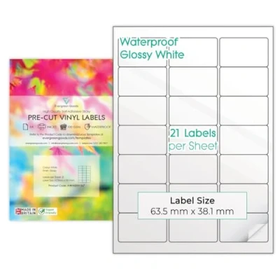 Afbeelding van 10 vellen waterdicht A4 voorgesneden zelfklevend wit glanzend vinyl (PVC) Multi label sticker Inkjet afdrukbaar (3 x 7 (21 per vel))