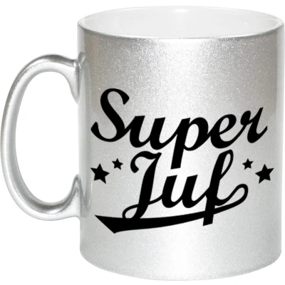 Afbeelding van Afscheidscadeau Super juf zilveren beker / mok bedankt 330 ml feest mokken