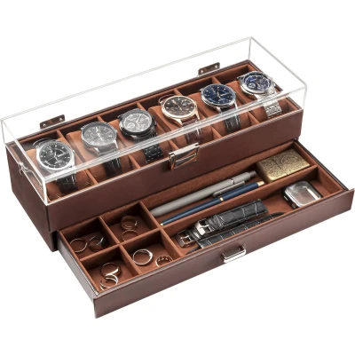 Afbeelding van ProCase horlogedoos met 6 vakken, lade, herenhorlogedoos, horlogedoos, voor heren, opbergdoos horloge, bruin