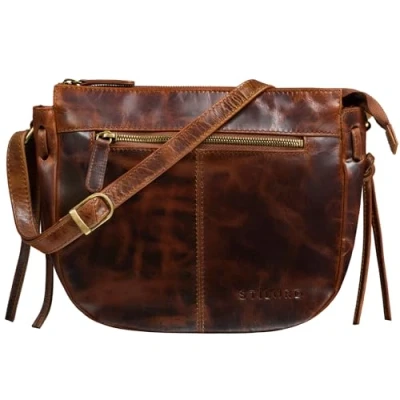 Afbeelding van STILORD &#039;Bella&#039; Leder Handtas Dames Echte Vintage Kleine Avondtas Partytas om uit te gaan Schoudertas met ritssluiting Echt Leder, Kleur:kara cognac