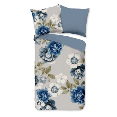 Afbeelding van Flanellen Dekbedovertrek 155x220 cm Blauwe Bloemen Print Grijs 1 Persoons 100% Katoen Flanel
