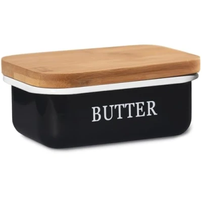 Afbeelding van Botervloot met houten deksel, voor 250 g boter, multifunctionele boterschotel, elegant en duurzaam bamboedeksel (zwart)