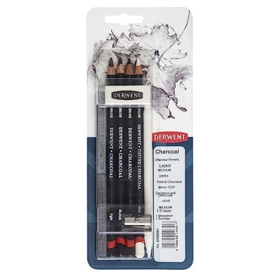 Afbeelding van Derwent Houtskool Tekening Sampler Pack met gum en puntenslijper, professionele kwaliteit, 700664, wit, 6 Count (Pack van 1)