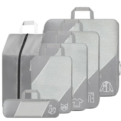 Afbeelding van SINZUX 6 delige compressiekofferorganizerset, grijs, compressieverpakkingskubussen, ultralicht, uitbreidbare verpakkingskubus, kofferorganizer, reisorganizerset voor koffer, rugzak, bagage