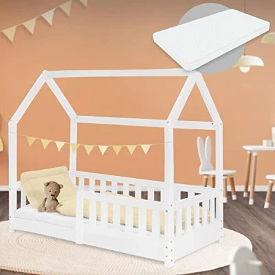Afbeelding van Kinderbed met uitvalbeveiliging lattenbodem en dak 70x140 cm Wit grenen hout ML Design