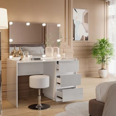 Afbeelding van Vicco Marla Kaptafel 120 cm met spiegel, kruk, LED feeverlichting Wit Hoogglans